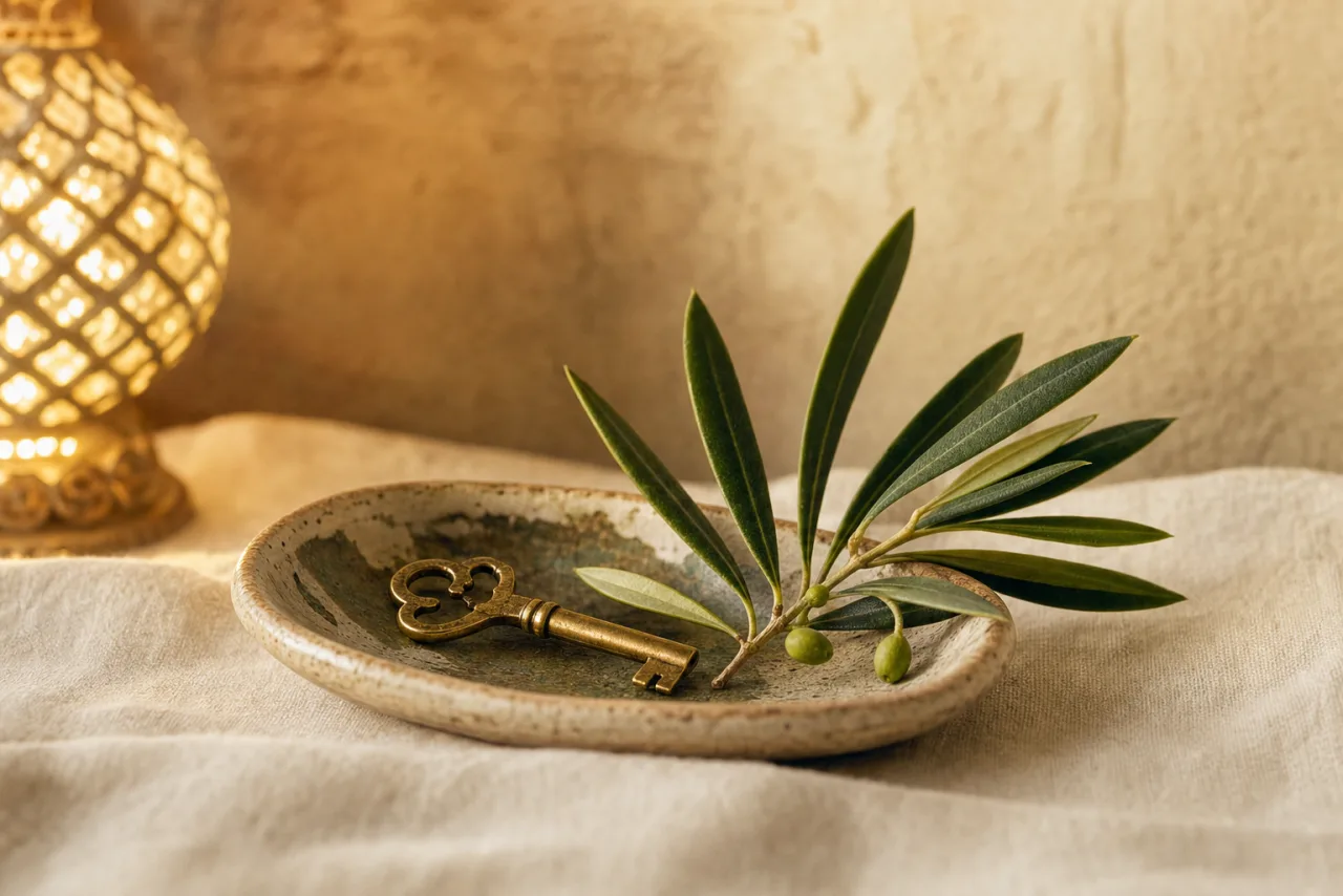 A brass key in a ceramic dish beside an olive sprig, in warm lamplight